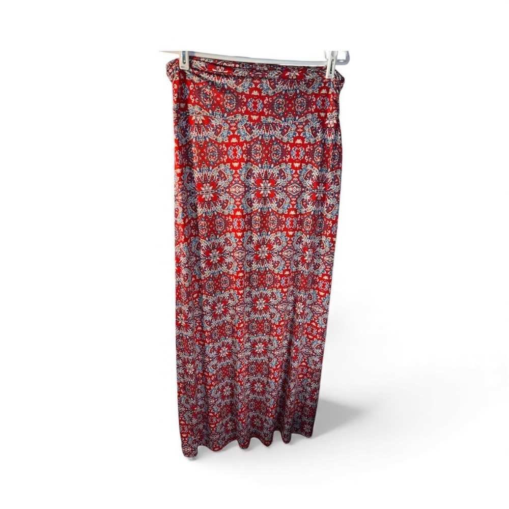 GILLI Morgana Maxi Skirt Red Geometric Boho Stretch Size L Made in USA